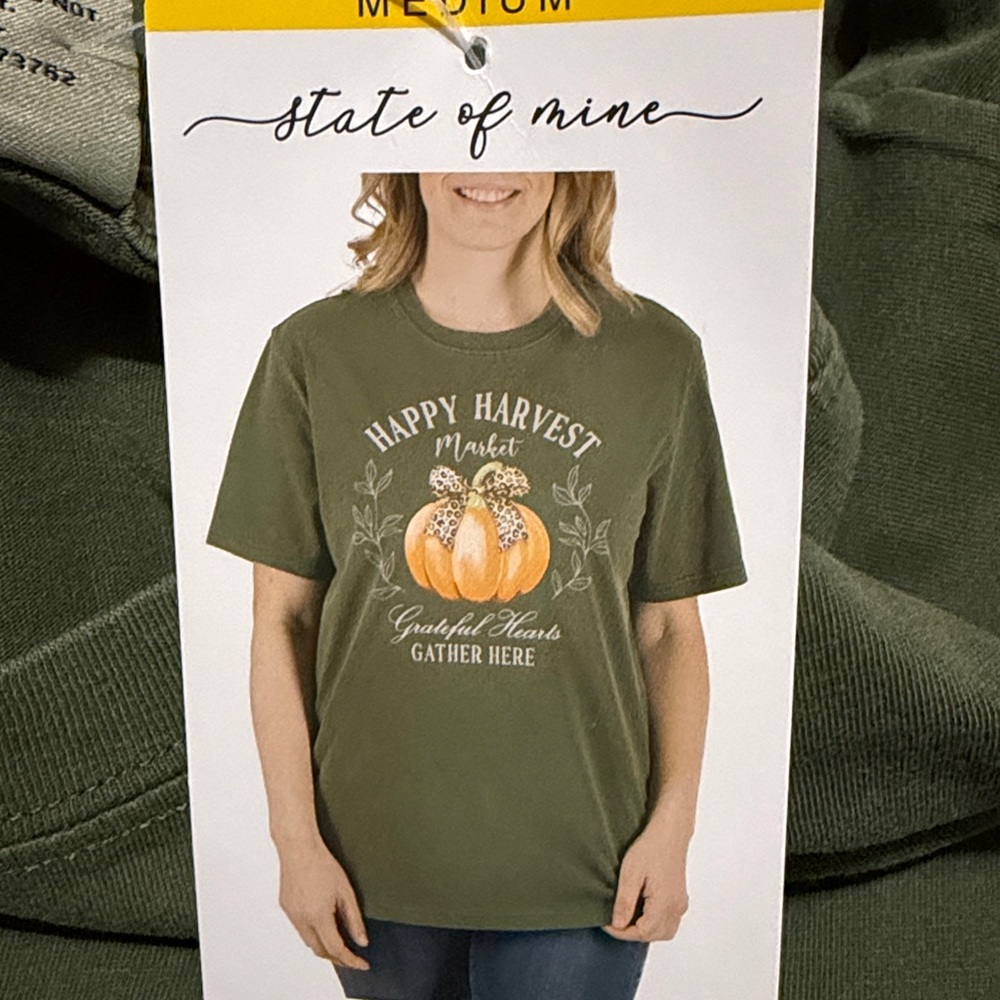State of Mine Olive Green Pumpkin Harvest Graphic Cotton Tee M NWT